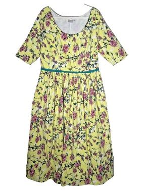 EShakti Swing Dress Yellow with Vibrant Pink Flowers Women's Size 1X Knee Length
